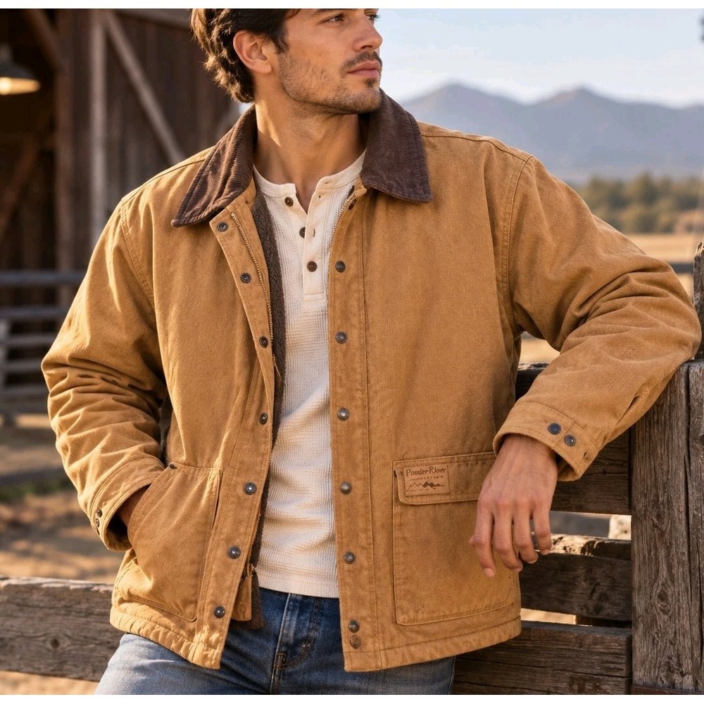 Powder River Outfitters Ranch Jacket Mens L Tan Canvas Sherpa Lined Western Coat